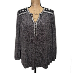 Lucky Brand Black‎ White Peasant Top Metallic Embroidered Bohemian Plus Size 2X